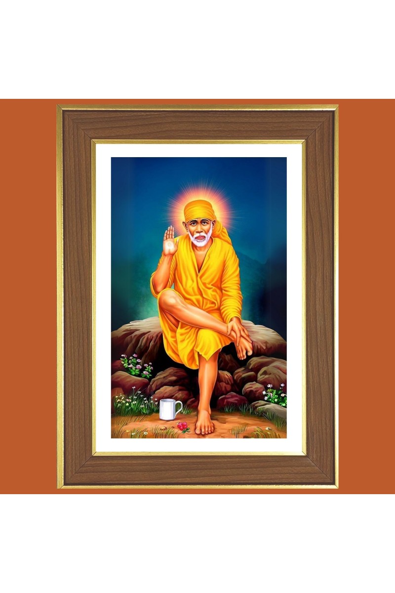Lord Sai Baba Photo Frame - 12x16 Inches, Brown Wooden Frame for Home, Office & Temple Decoration