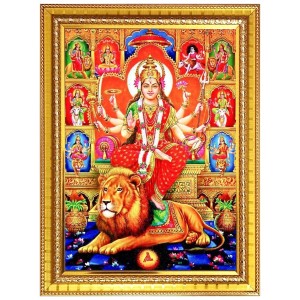 Goddess durga maa Photo Frame - 10x14 Inches, Brown Wooden Frame for Home, Office & Temple Decoration