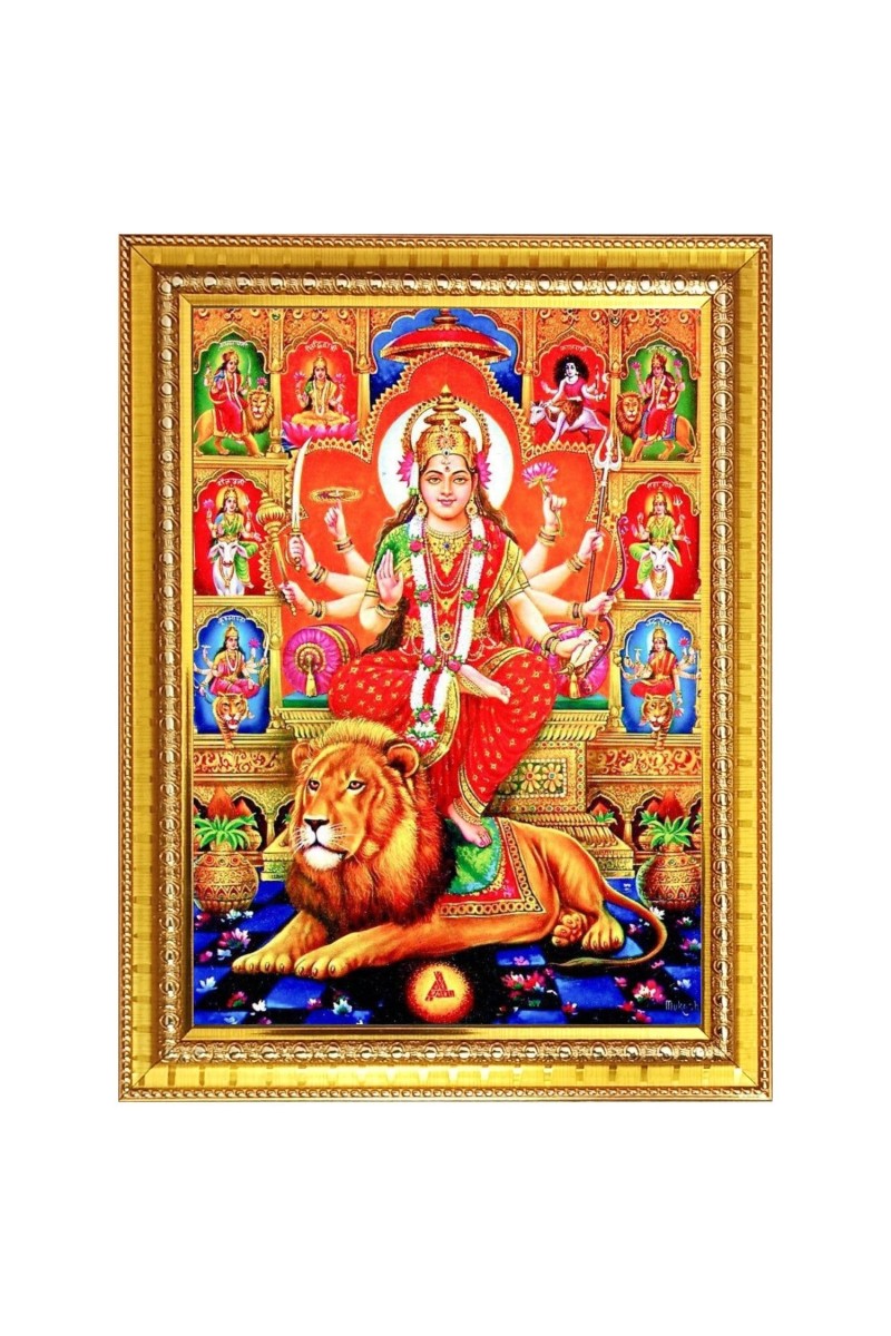 Goddess durga maa Photo Frame - 12x16 Inches, Brown Wooden Frame for Home, Office & Temple Decoration