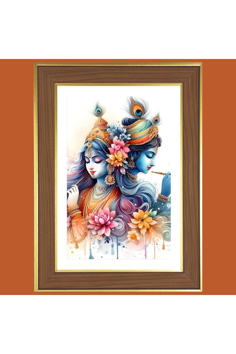 Radha and sri krsihna Photo Frame - 12x16 Inches, Brown Wooden Frame for Home, Office & Temple Decoration