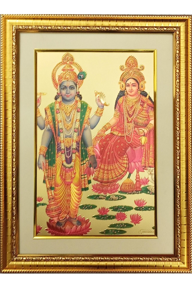 Maa Laxmi & Sri Narayan Golden Photo 11.5x15.5 Inches Perfect for Home, Office & Temple Decoration
