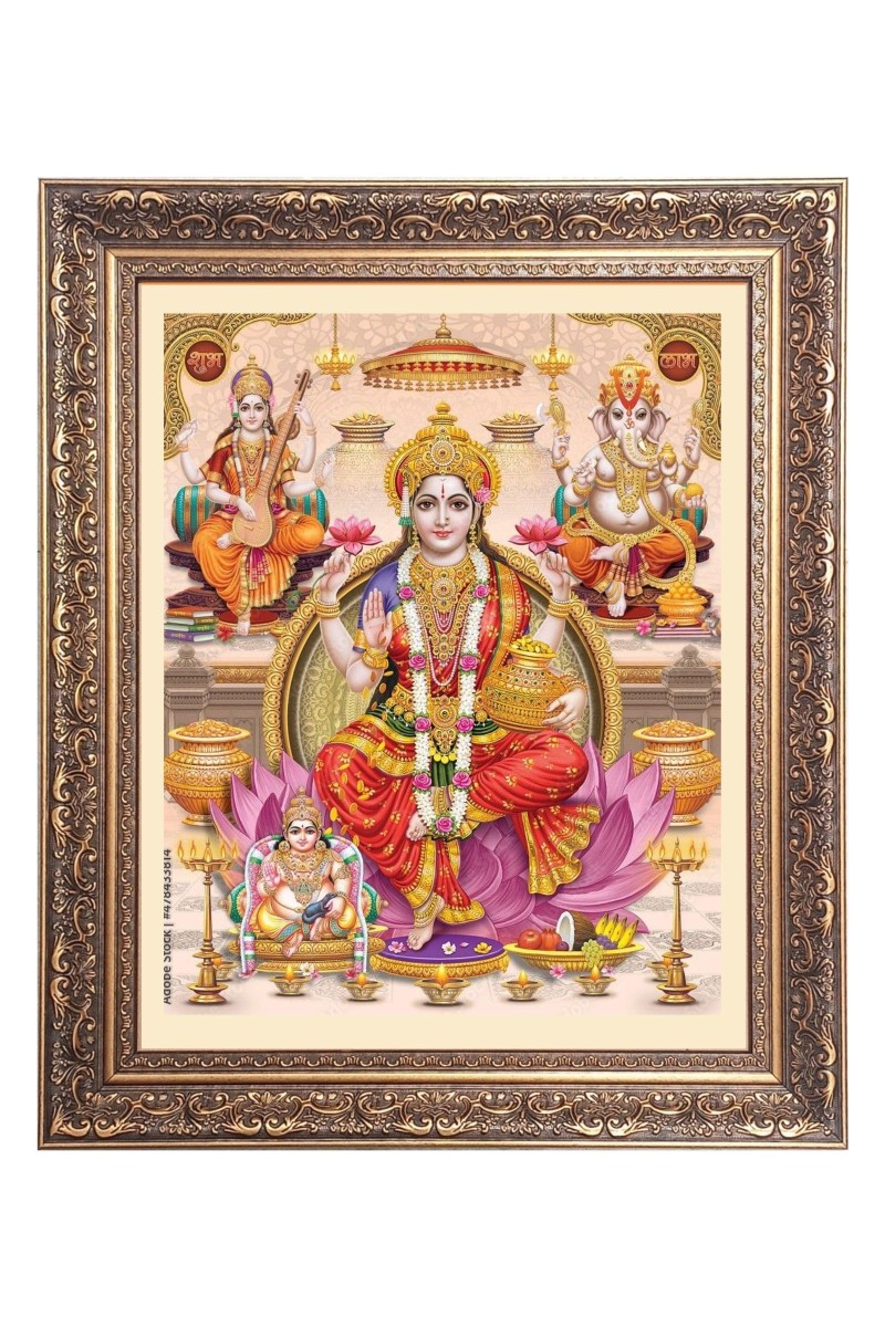 Mata Lakshmi (Laxmi), Sri Ganesh and Maa Saraswathi Big Photo Frame - 20x24 Inches for Home & Office Decoration