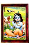 Lord Krishna Palying Flute Photo Frame For Wall & Table | 7x9 Inch Golden Cherry Finish | Decorative Lord Krishna Palying Flute Photo Frame For Home, Office & Pooja Room (F11909)