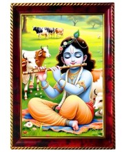 Lord Krishna Palying Flute Photo Frame For Wall & Table | 7x9 Inch Golden Cherry Finish | Decorative Lord Krishna Palying Flute Photo Frame For Home, Office & Pooja Room (F11909)