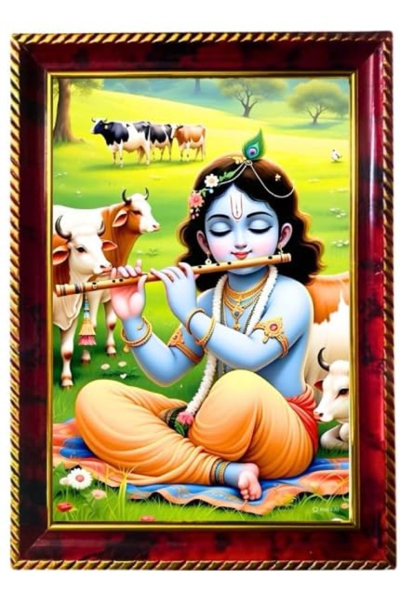 Lord Krishna Palying Flute Photo Frame For Wall & Table | 7x9 Inch Golden Cherry Finish | Decorative Lord Krishna Palying Flute Photo Frame For Home, Office & Pooja Room (F11909)