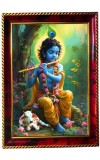 God Sri Krishna Playing Flute Photo Frame For Wall & Table | 7x9 Inch Golden Cherry Finish | Decorative God Sri Krishna Playing Flute Photo Frame For Home, Office & Pooja Room (F11468)