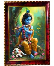 God Sri Krishna Playing Flute Photo Frame For Wall & Table | 7x9 Inch Golden Cherry Finish | Decorative God Sri Krishna Playing Flute Photo Frame For Home, Office & Pooja Room (F11468)