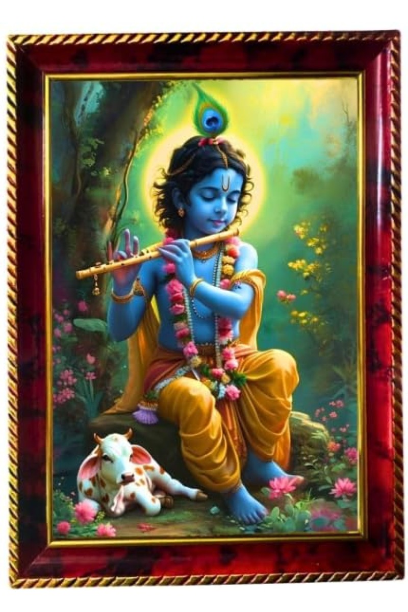 God Sri Krishna Playing Flute Photo Frame For Wall & Table | 7x9 Inch Golden Cherry Finish | Decorative God Sri Krishna Playing Flute Photo Frame For Home, Office & Pooja Room (F11468)