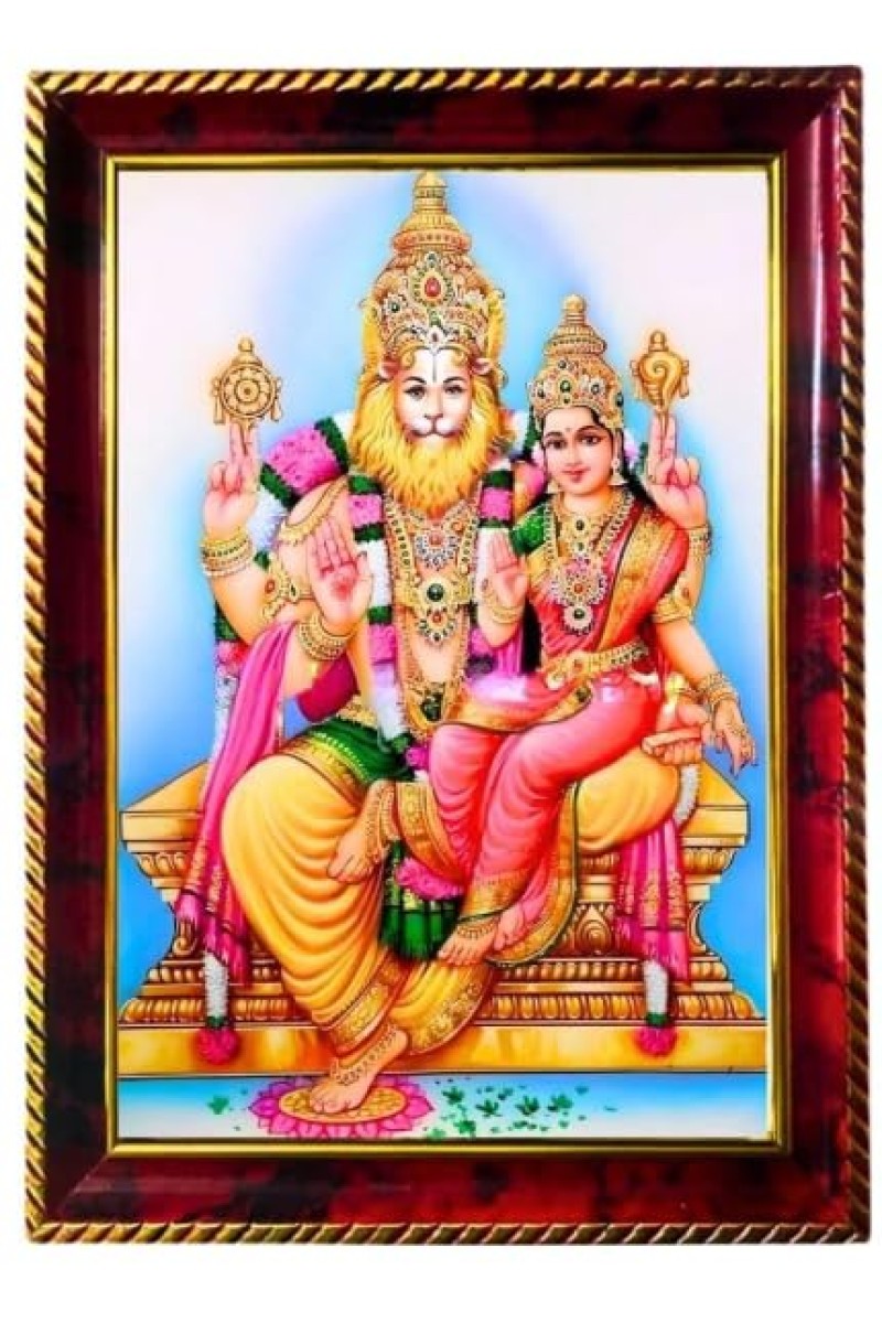 Lord Lakshmi Narasimha Photo Frame For Wall & Table | 7x9 Inch Golden Cherry Finish | Decorative Lord Lakshmi Narasimha Photo Frame For Home, Office & Pooja Room (F11310)
