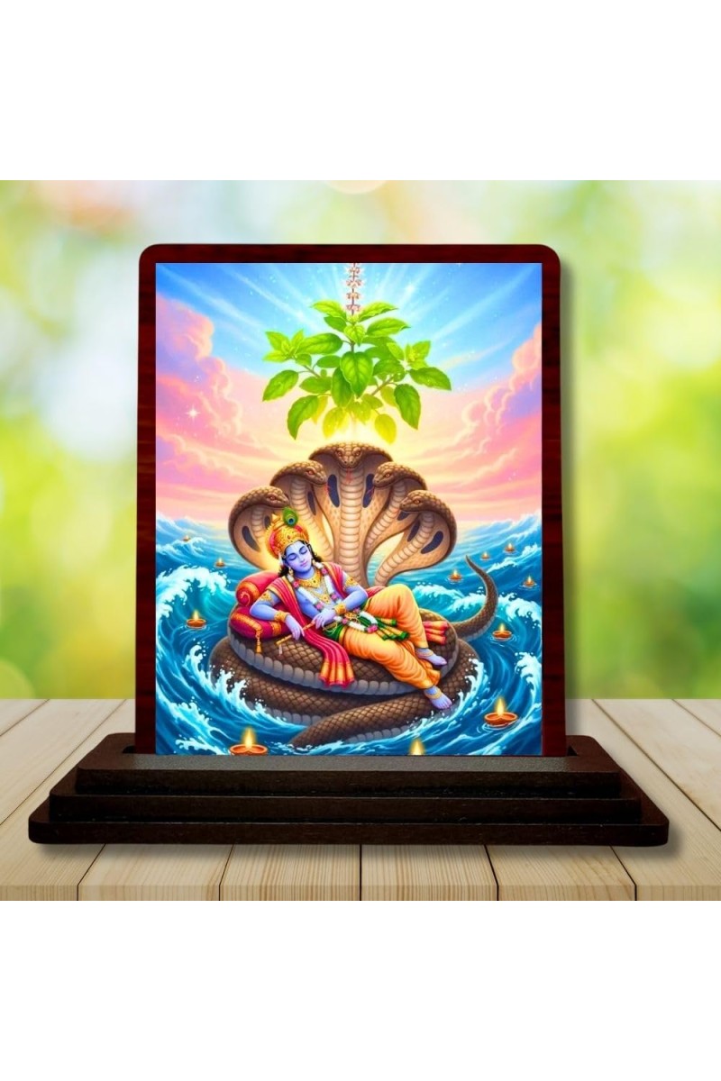 Car Desk/Table Top Lord Vishnu And Lakshmi Wooden Photo Stand 3x4 Inches, Compact & Stylish Spiritual Display For Car, Home & Office (Pack Of 1) (F14302)