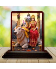 Car Desk/Table Top Lord Shiva And Parvathi Wooden Photo Stand 3x4 Inches, Compact & Stylish Spiritual Display For Car, Home & Office (Pack Of 1) (F14326)