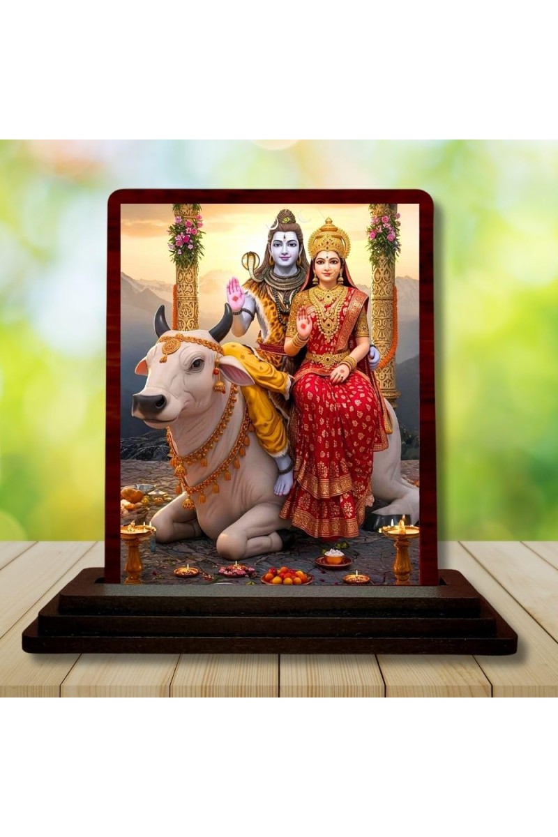 Car Desk/Table Top Lord Shiva And Parvathi Wooden Photo Stand 3x4 Inches, Compact & Stylish Spiritual Display For Car, Home & Office (Pack Of 1) (F14326)