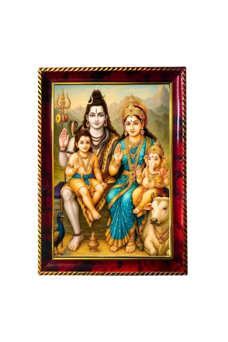 Lord Shiva And Parvathi Parivar Photo Frame For Wall & Table | 7x9 Inch Golden Cherry Finish | Decorative Lord Shiva And Parvathi Parivar Photo Frame For Home, Office & Pooja Room (F11706)