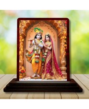 Car Desk/Table Top Radha Krishna Wooden Photo Stand 3x4 Inches, Compact & Stylish Spiritual Display For Car, Home & Office (Pack Of 1) (F14220)