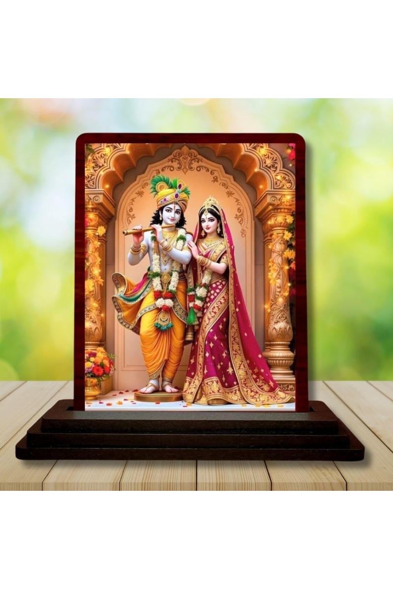 Car Desk/Table Top Radha Krishna Wooden Photo Stand 3x4 Inches, Compact & Stylish Spiritual Display For Car, Home & Office (Pack Of 1) (F14220)