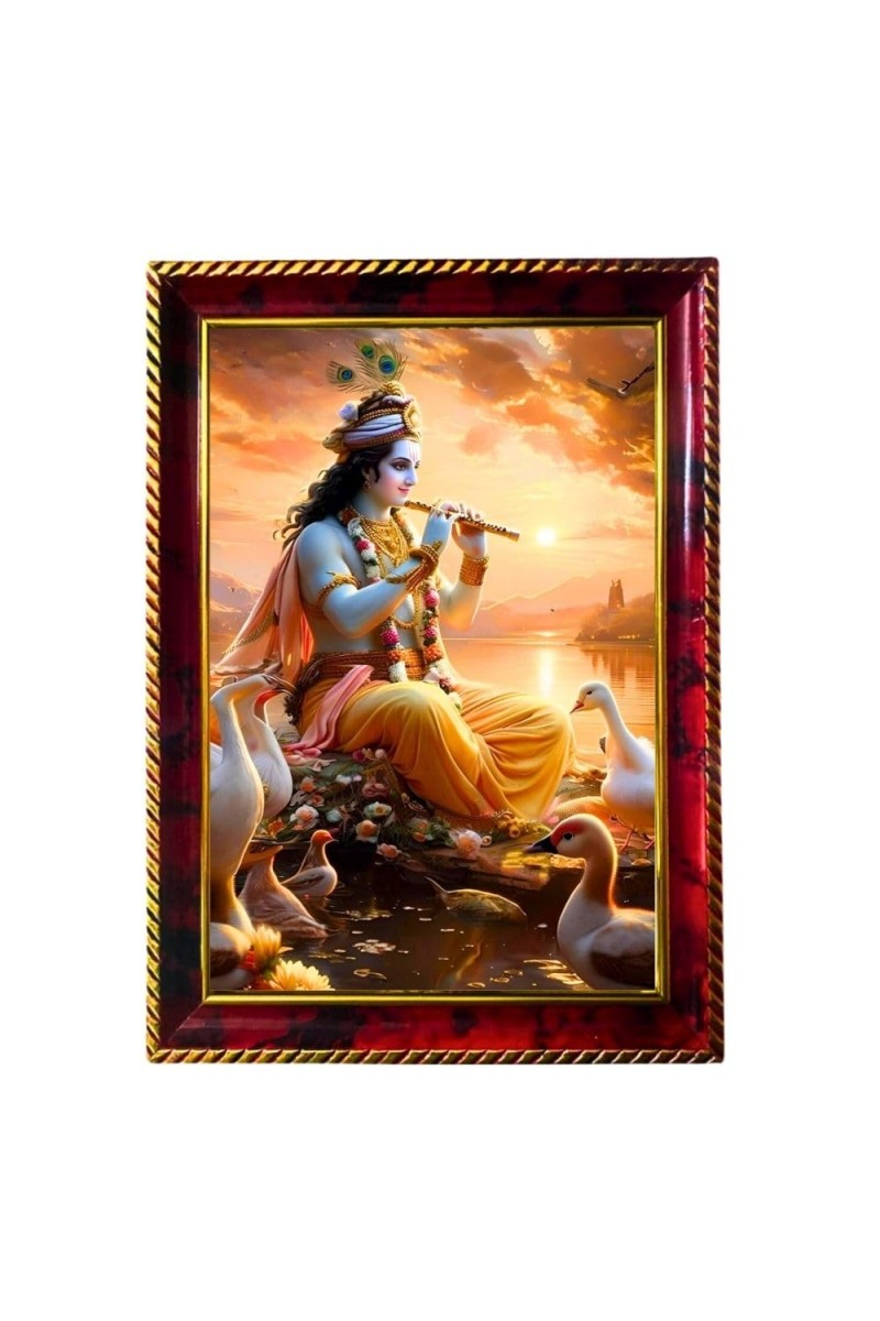 Sri Krishna Playing Flute Photo Frame For Wall & Table | 7x9 Inch Golden Cherry Finish | Decorative Sri Krishna Playing Flute Photo Frame For Home, Office & Pooja Room (F11385)