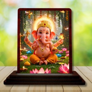 Car Desk/Table Top Lord Ganesha Wooden Photo Stand 3x4 Inches, Compact & Stylish Spiritual Display For Car, Home & Office (Pack Of 1) (F14414)