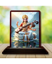 Car Desk/Table Top Lord Saraswathi Wooden Photo Stand 3x4 Inches, Compact & Stylish Spiritual Display For Car, Home & Office (Pack Of 1) (F14347)