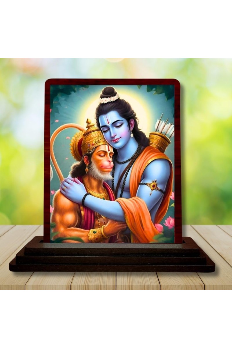 Car Desk/Table Top Lord Rama And Hanuman Wooden Photo Stand 3x4 Inches, Compact & Stylish Spiritual Display For Car, Home & Office (Pack Of 1) (F14637)