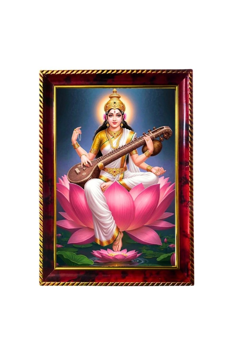 Goddess Saraswati Photo Frame For Wall & Table | 7x9 Inch Golden Cherry Finish | Decorative Goddess Saraswati Photo Frame For Home, Office & Pooja Room (F11918)