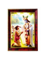Lord Krishna And Arjuna Photo Frame For Wall & Table | 7x9 Inch Golden Cherry Finish | Decorative Lord Krishna And Arjuna Photo Frame For Home, Office & Pooja Room (F11436)