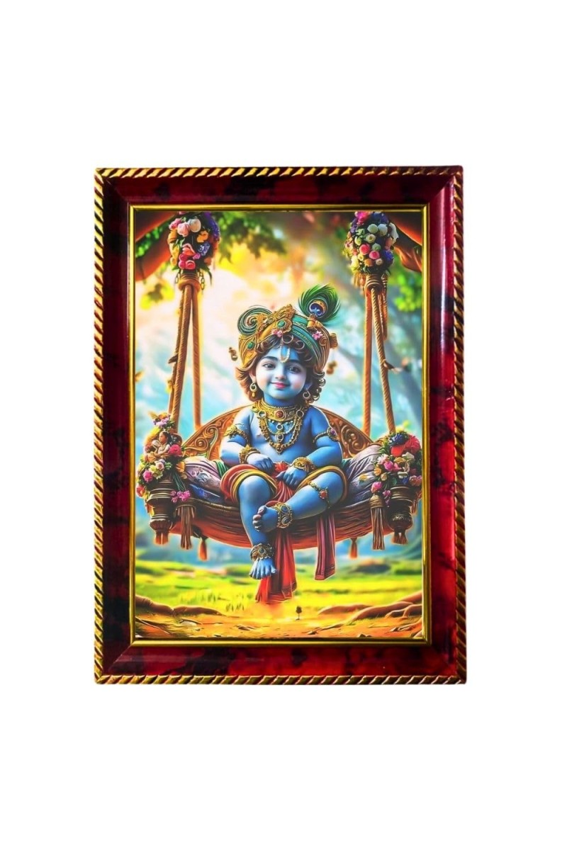 Little Cute Krishna Photo Frame For Wall & Table | 7x9 Inch Golden Cherry Finish | Decorative Little Cute Krishna Photo Frame For Home, Office & Pooja Room (F11328)