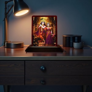 Car Desk/Table Top Radha Krishna Wooden Photo Stand 3x4 Inches, Compact & Stylish Spiritual Display For Car, Home & Office (Pack Of 1) (F14227)
