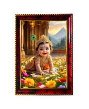 Little Shri Krishna Photo Frame For Wall & Table | 7x9 Inch Golden Cherry Finish | Decorative Little Shri Krishna Photo Frame For Home, Office & Pooja Room (F11326)