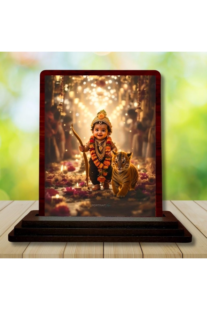 Car Desk/Table Top Lord Karthikeya Wooden Photo Stand 3x4 Inches, Compact & Stylish Spiritual Display For Car, Home & Office (Pack Of 1) (F14334)