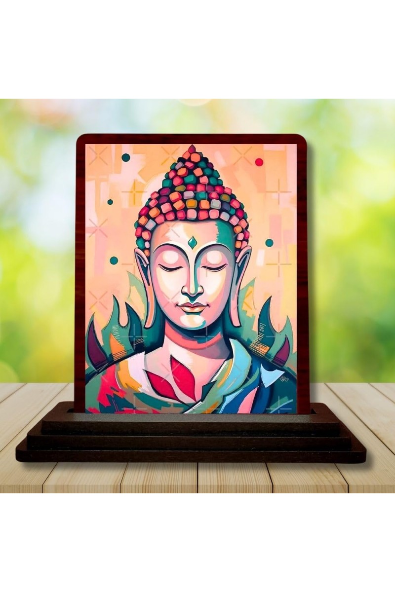 Car Desk/Table Top Meditative Buddha Wooden Photo Stand 3x4 Inches, Compact & Stylish Spiritual Display For Car, Home & Office (Pack Of 1) (F14434)