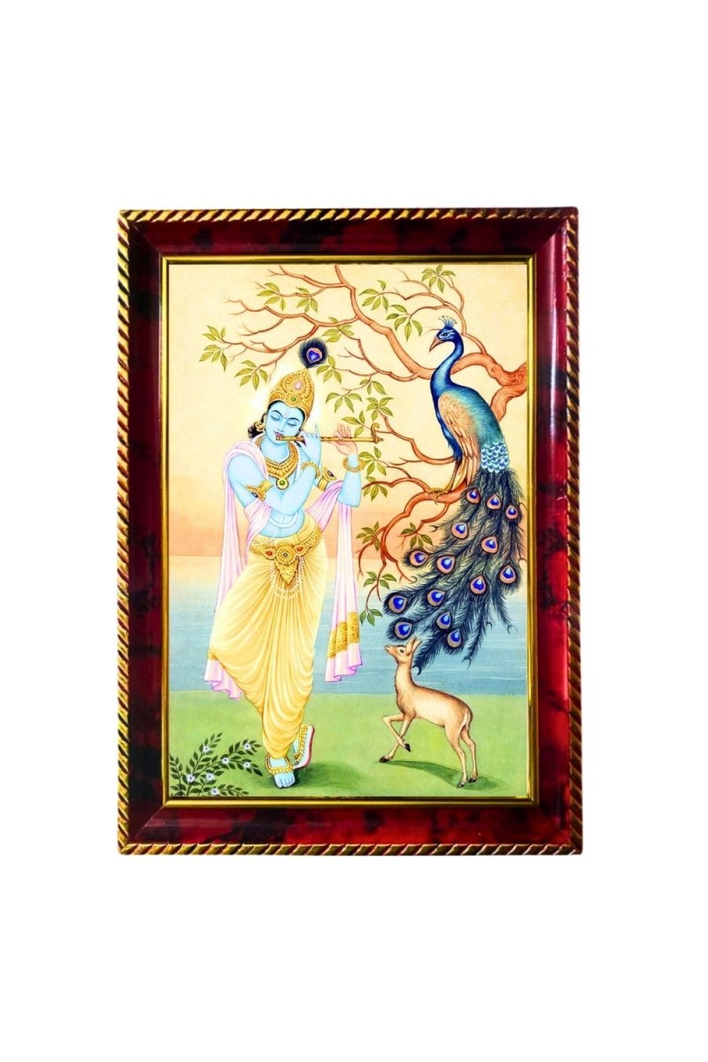 Lord Krishna Photo Frame For Wall & Table | 7x9 Inch Golden Cherry Finish | Decorative Lord Krishna Photo Frame For Home, Office & Pooja Room (F11392)