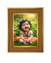 Little Baby Krishna Photo Frame 10x14 Inches-Brown Wooden Frame For Home, Office & Temple Decoration And Gifting (F6385)