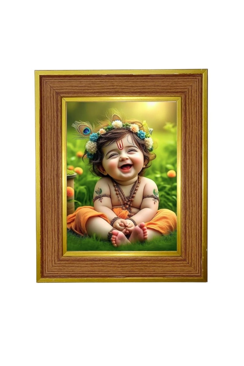 Little Baby Krishna Photo Frame 12x16 Inches-Brown Wooden Frame For Home, Office & Temple Decoration And Gifting (F6385)