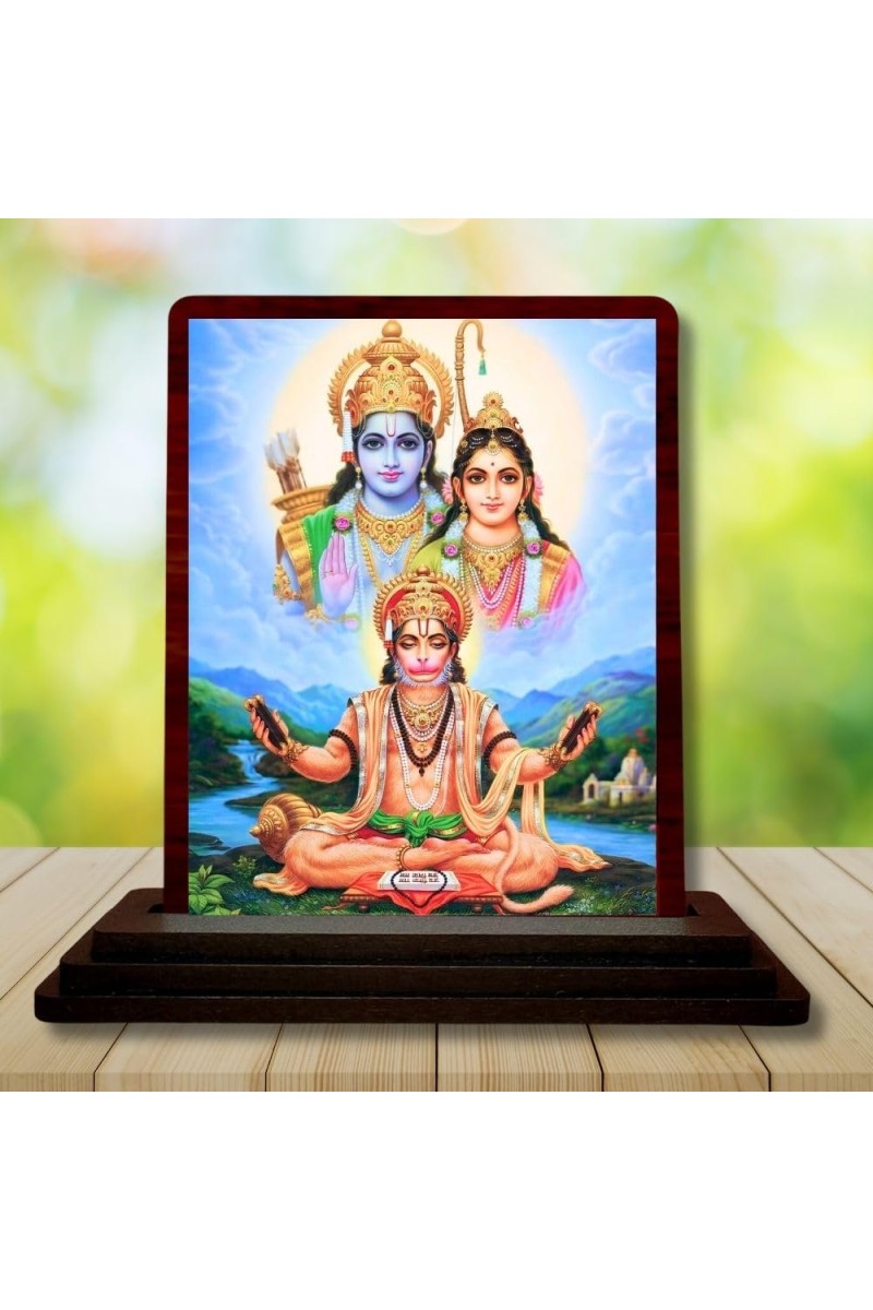 Car Desk/Table Top Lord Hanuman With Sita Rama Wooden Photo Stand 3x4 Inches, Compact & Stylish Spiritual Display For Car, Home & Office (Pack Of 1) (F14539)