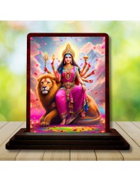 Car Desk/Table Top Goddess Durga Wooden Photo Stand 3x4 Inches, Compact & Stylish Spiritual Display For Car, Home & Office (Pack Of 1) (F14346)