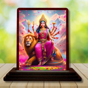 Car Desk/Table Top Goddess Durga Wooden Photo Stand 3x4 Inches, Compact & Stylish Spiritual Display For Car, Home & Office (Pack Of 1) (F14346)