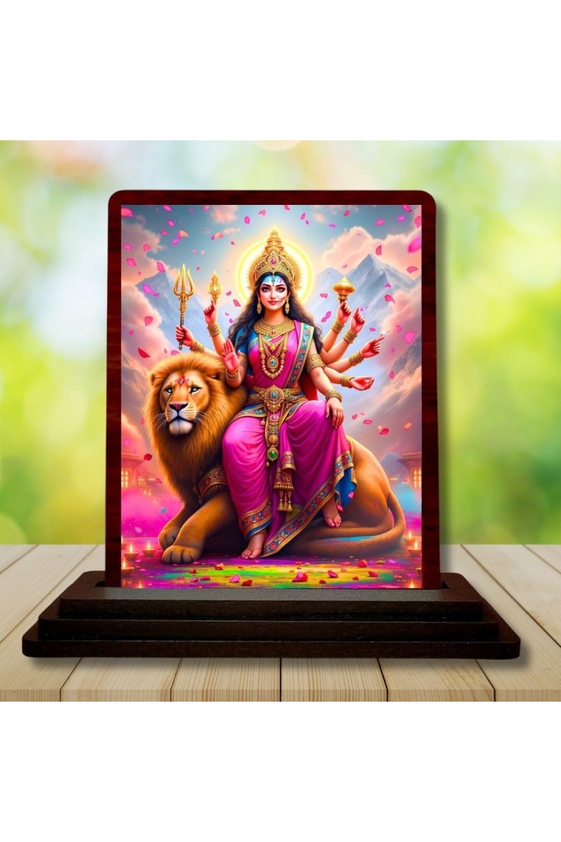 Car Desk/Table Top Goddess Durga Wooden Photo Stand 3x4 Inches, Compact & Stylish Spiritual Display For Car, Home & Office (Pack Of 1) (F14346)