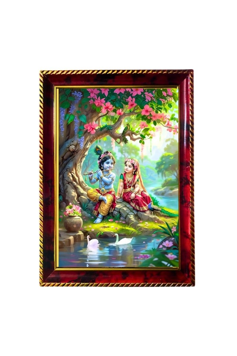 Krishna And Radha Photo Frame For Wall & Table | 7x9 Inch Golden Cherry Finish | Decorative Krishna And Radha Photo Frame For Home, Office & Pooja Room (F11446)