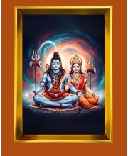 Lord Shiva And Parvati Golden Photo Frame - 10x14 Inches | Elegant Wooden Frame For Home, Office & Temple Decoration | Spiritual Wall & Table Decor and Gift Item