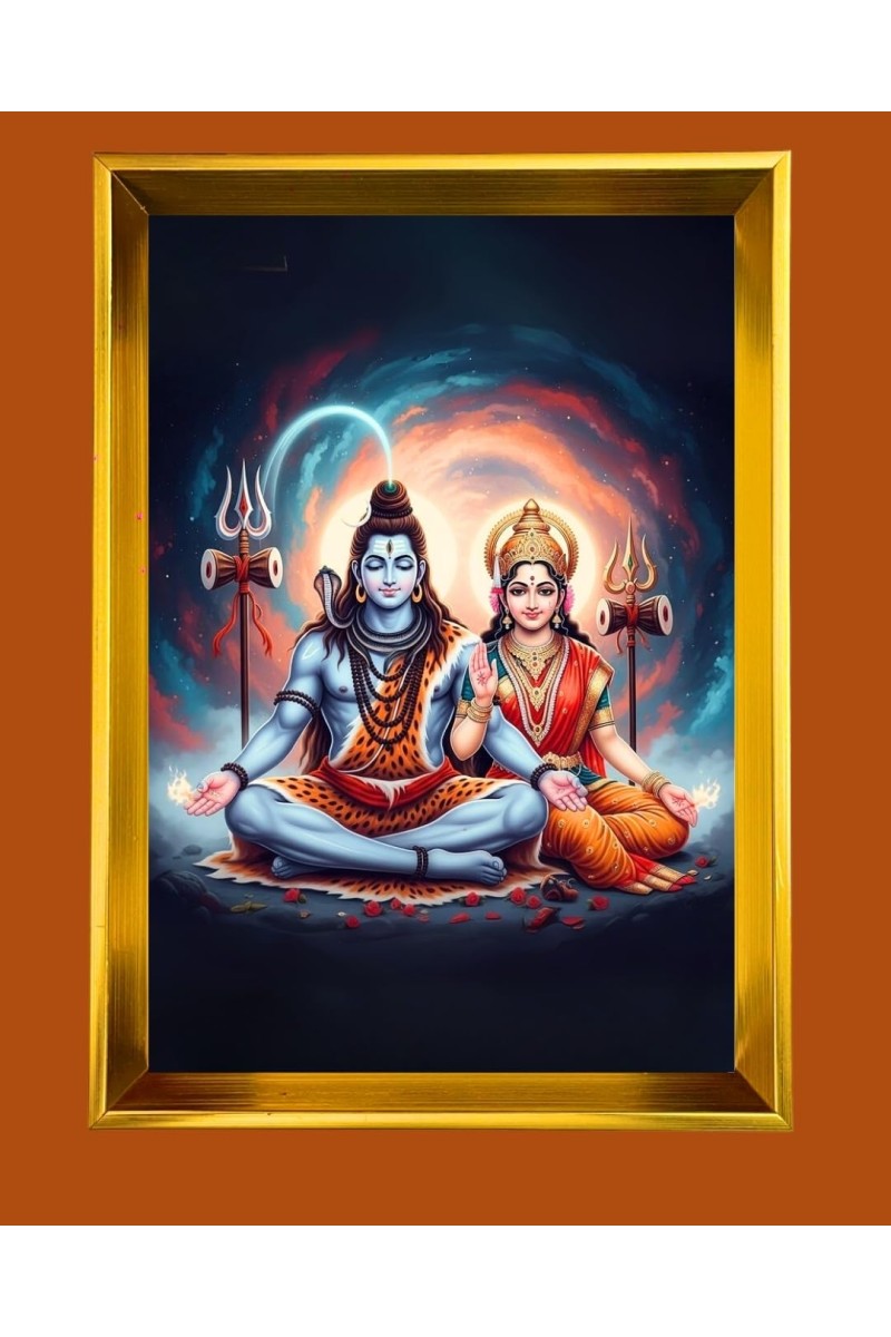 Lord Shiva And Parvati Golden Photo Frame - 10x14 Inches | Elegant Wooden Frame For Home, Office & Temple Decoration | Spiritual Wall & Table Decor And Gift Item (F9767)
