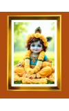 Liitle Baby Krishna Golden Photo Frame - 10x14 Inches | Elegant Wooden Frame For Home, Office & Temple Decoration | Spiritual Wall & Table Decor and Gift Item