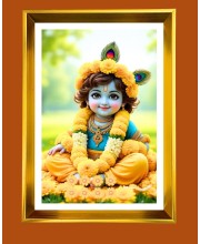 Liitle Baby Krishna Golden Photo Frame - 10x14 Inches | Elegant Wooden Frame For Home, Office & Temple Decoration | Spiritual Wall & Table Decor and Gift Item