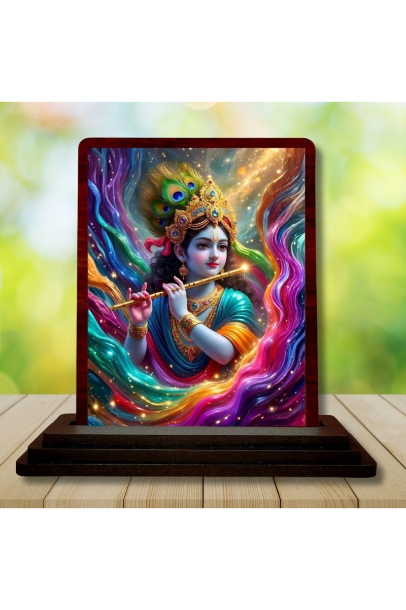 Car Desk/Table Top Lord Krishna Wooden Photo Stand 3x4 Inches, Compact & Stylish Spiritual Display For Car, Home & Office (Pack Of 1) (F14290)