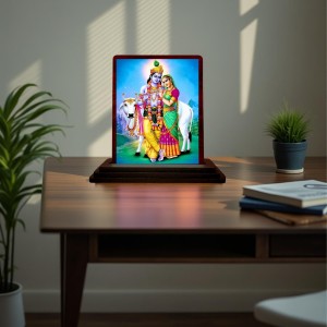 Car Desk/Table Top Lord Radha Krishna Wooden Photo Stand 3x4 Inches, Compact & Stylish Spiritual Display For Car, Home & Office (Pack Of 1) (F15111)