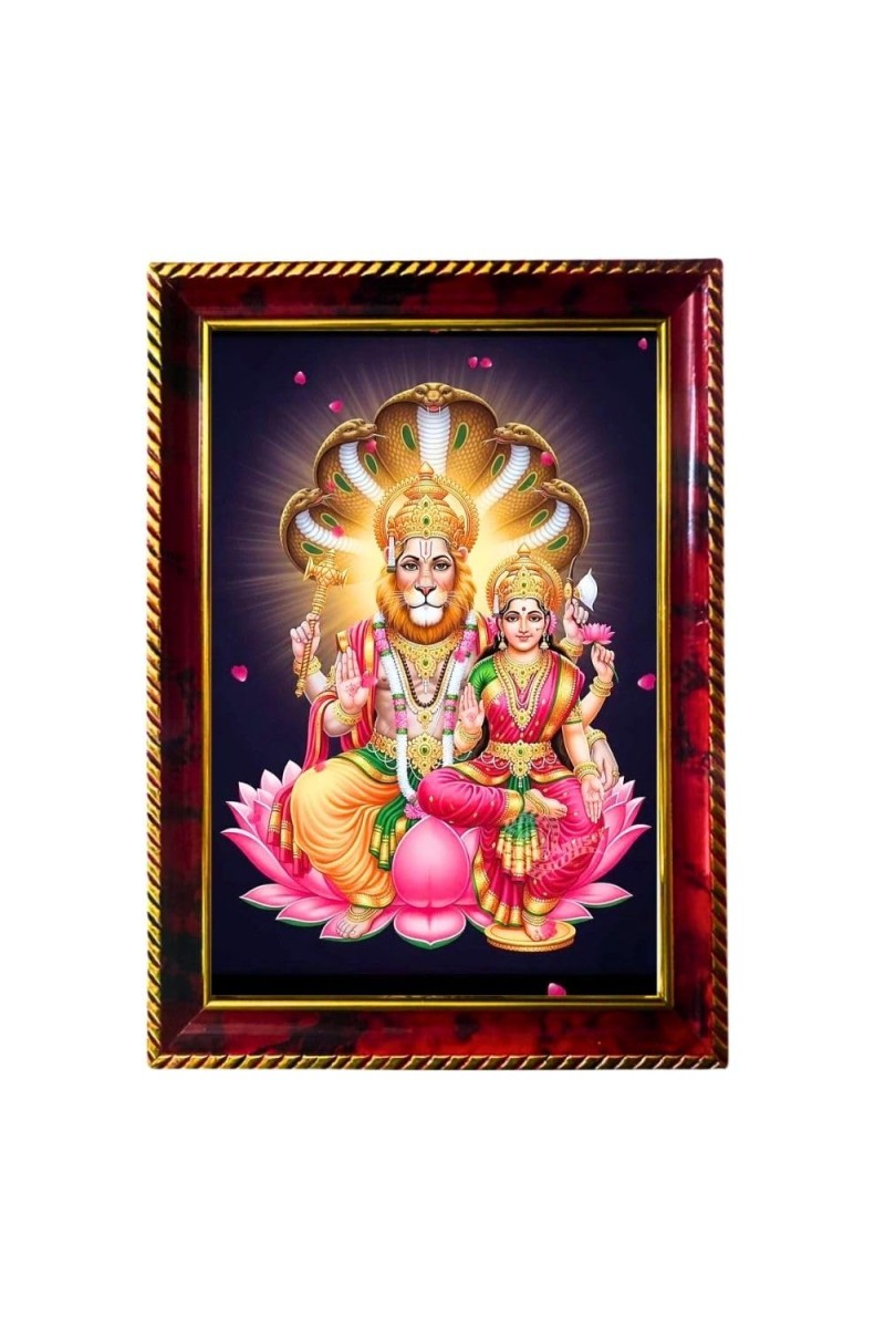 Lakshmi Narasimha Photo Frame For Wall & Table | 7x9 Inch Golden Cherry Finish | Decorative Lakshmi Narasimha Photo Frame For Home, Office & Pooja Room (F11881)