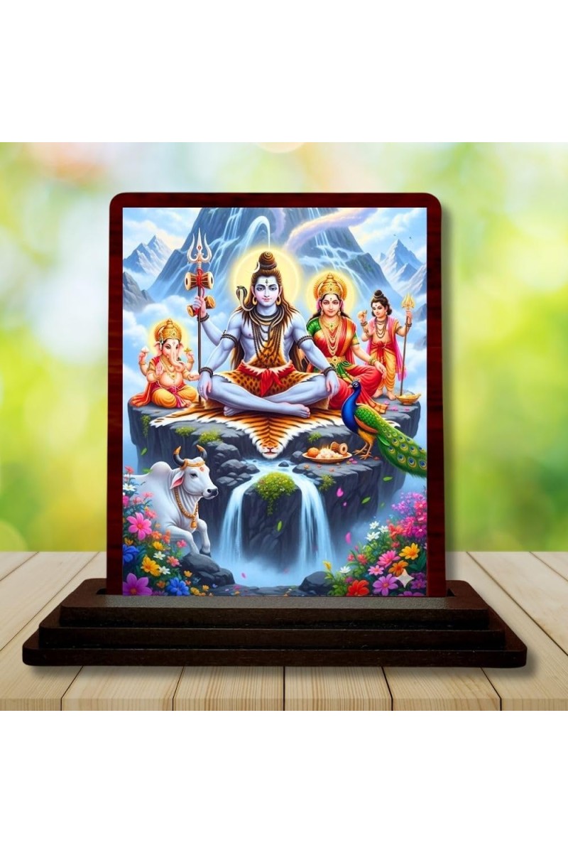 Car Desk/Table Top Lord Shiva And Parvathi Wooden Photo Stand 3x4 Inches, Compact & Stylish Spiritual Display For Car, Home & Office (Pack Of 1) (F14330)