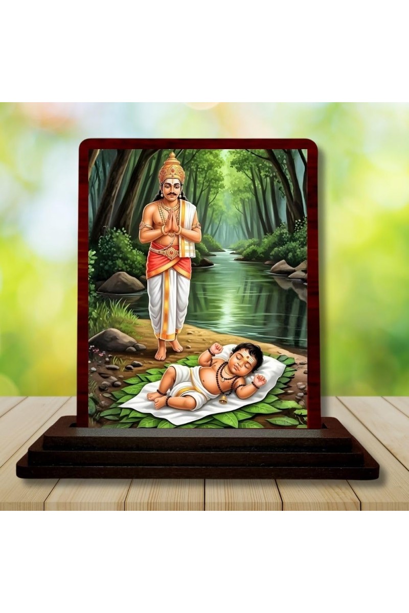 Car Desk/Table Top Lord Ayyappan Wooden Photo Stand 3x4 Inches, Compact & Stylish Spiritual Display For Car, Home & Office (Pack Of 1) (F14252)