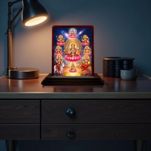Car Desk/Table Top Ashta Lakshmi Wooden Photo Stand 3x4 Inches, Compact & Stylish Spiritual Display For Car, Home & Office (Pack Of 1) (F14354)