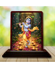 Car Desk/Table Top Lord Krishna Wooden Photo Stand 3x4 Inches, Compact & Stylish Spiritual Display For Car, Home & Office (Pack Of 1) (F14297)