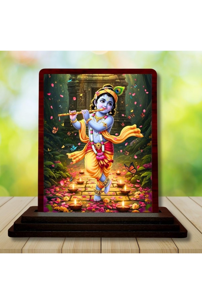 Car Desk/Table Top Lord Krishna Wooden Photo Stand 3x4 Inches, Compact & Stylish Spiritual Display For Car, Home & Office (Pack Of 1) (F14297)